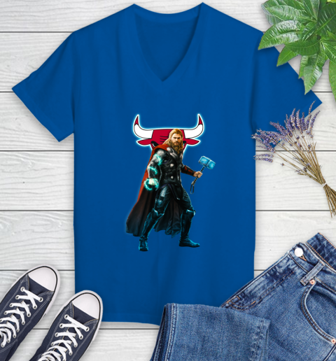 NBA Thor Avengers Endgame Basketball Chicago Bulls Women's V-Neck T-Shirt 10