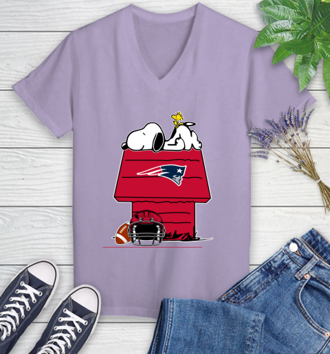 New England Patriots NFL Football Snoopy Woodstock The Peanuts Movie Women's V-Neck T-Shirt 14