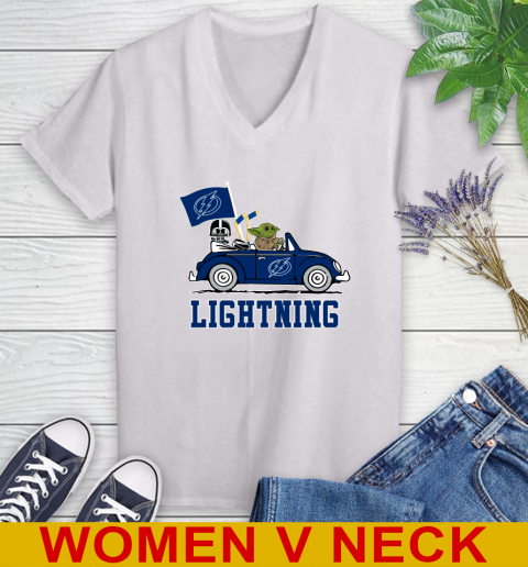 NHL Hockey Tampa Bay Lightning Darth Vader Baby Yoda Driving Star Wars Shirt Women's V-Neck T-Shirt