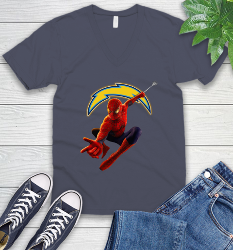 NFL Spider Man Avengers Endgame Football Los Angeles Chargers V-Neck T-Shirt 9 NFL Spider Man Avengers Endgame Football Los Angeles Chargers V-Neck T-Shirt - Image 9