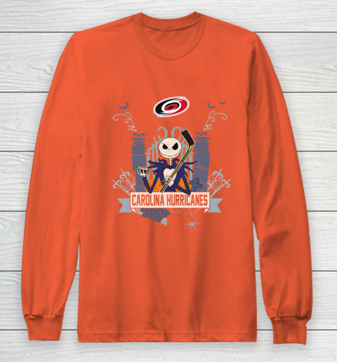 NHL Carolina Hurricanes Hockey Jack Skellington Halloween Long Sleeve T-Shirt 3