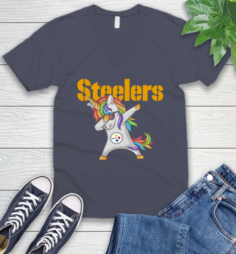 Pittsburgh Steelers NFL Football Funny Unicorn Dabbing Sports V-Neck T-Shirt 9