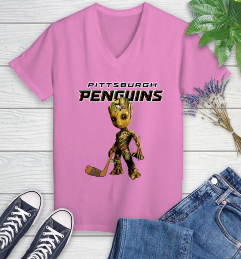 Pittsburgh Penguins NHL Hockey Groot Marvel Guardians Of The Galaxy Women's V-Neck T-Shirt 14