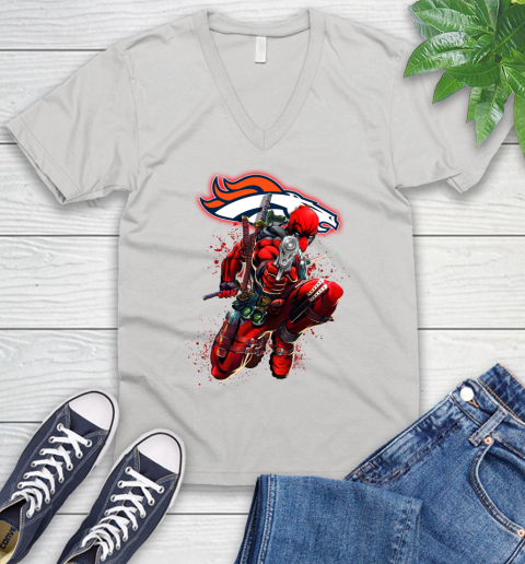 NFL Deadpool Marvel Comics Sports Football Denver Broncos V-Neck T-Shirt