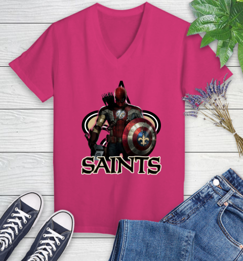 NFL Captain America Thor Spider Man Hawkeye Avengers Endgame Football New Orleans Saints Women's V-Neck T-Shirt 9