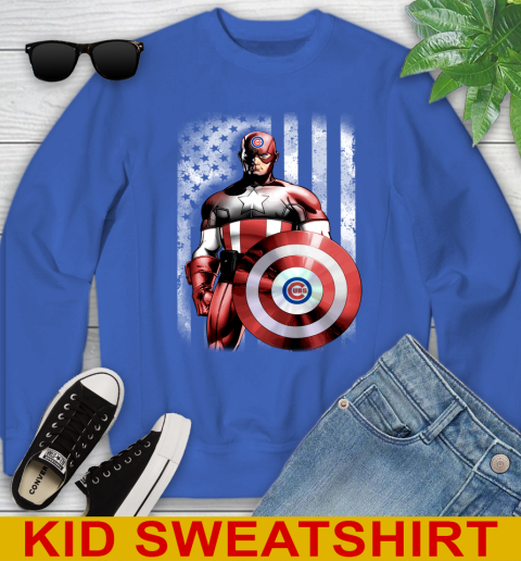 Chicago Cubs MLB Baseball Captain America Marvel Avengers American Flag Shirt Youth Sweatshirt - Image 7