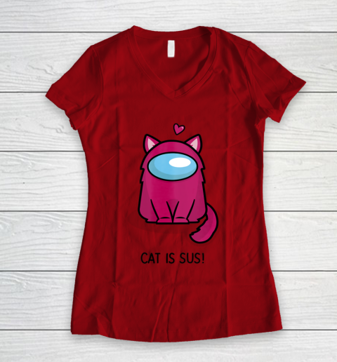 Among Us Game Shirt Cute Cat Astronaut Among me or us Nerdy Girl Gamer Women's V-Neck T-Shirt 6