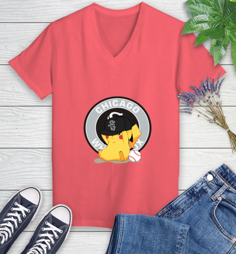 MLB Pikachu Baseball Sports Chicago White Sox Women's V-Neck T-Shirt 6