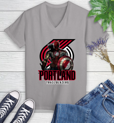Portland Trail Blazers NBA Basketball Captain America Thor Spider Man Hawkeye Avengers Women's V-Neck T-Shirt 4