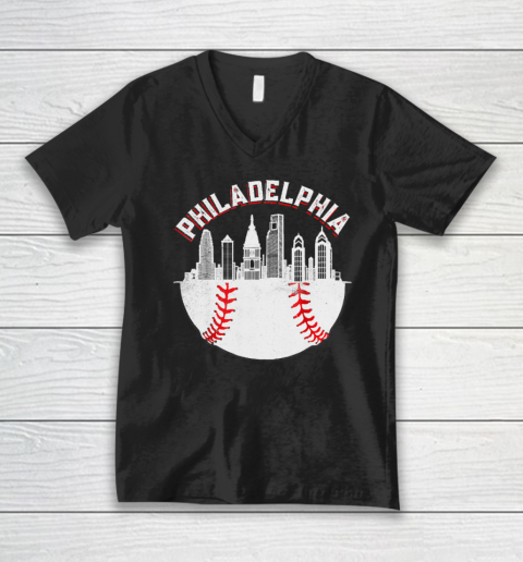 Philadelphia Baseball Skyline Retro Philly Cityscap V-Neck T-Shirt
