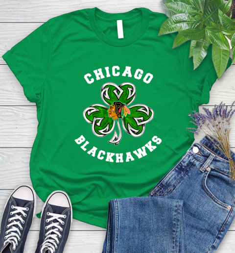 NHL Chicago Blackhawks Three Leaf Clover St Patrick's Day Hockey Sports Women's T-Shirt 9