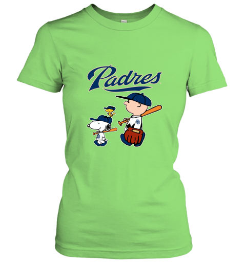 nfpk san diego padres lets play baseball together snoopy mlb shirt ladies t shirt 20 front lime