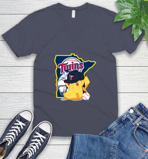 MLB Pikachu Baseball Sports Minnesota Twins V-Neck T-Shirt 8