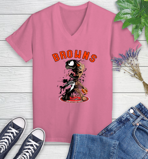 NFL Cleveland Browns Football Venom Groot Guardians Of The Galaxy Women's V-Neck T-Shirt 13
