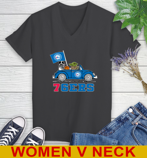 NBA Basketball Philadelphia 76ers Darth Vader Baby Yoda Driving Star Wars Shirt Women's V-Neck T-Shirt 9
