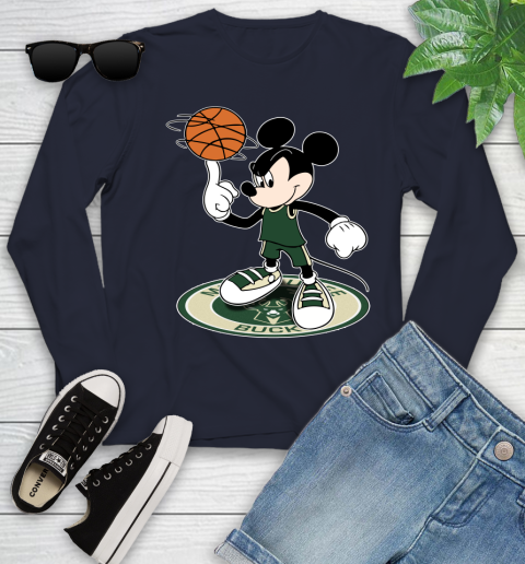 NBA Basketball Milwaukee Bucks Cheerful Mickey Disney Shirt Youth Long Sleeve 3