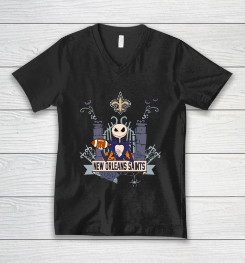 NFL New Orleans Saints Football Jack Skellington Halloween V-Neck T-Shirt