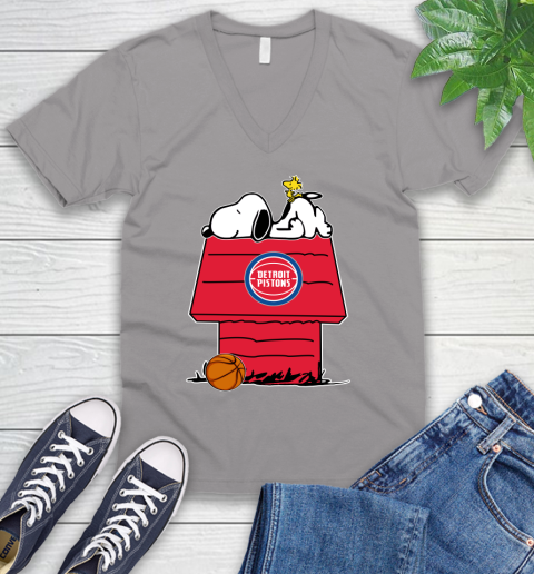 Detroit Pistons NBA Basketball Snoopy Woodstock The Peanuts Movie V-Neck T-Shirt 4