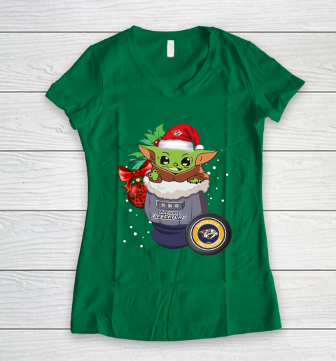 Nashville Predators Christmas Baby Yoda Star Wars Funny Happy NHL Women's V-Neck T-Shirt 5