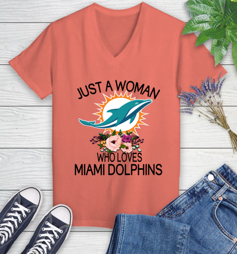NFL Just A Woman Who Loves Miami Dolphins Football Sports Women's V-Neck T-Shirt 3