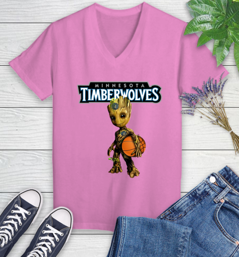 Minnesota Timberwolves NBA Basketball Groot Marvel Guardians Of The Galaxy Women's V-Neck T-Shirt 14