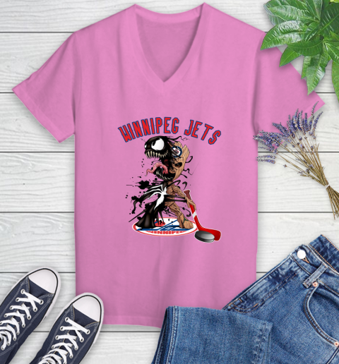 NHL Winnipeg Jets Hockey Venom Groot Guardians Of The Galaxy Women's V-Neck T-Shirt 14