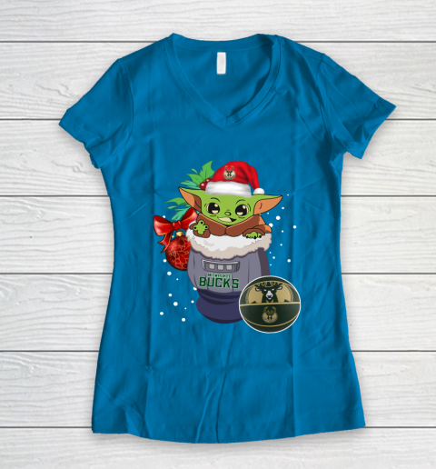 Milwaukee Bucks Christmas Baby Yoda Star Wars Funny Happy NBA Women's V-Neck T-Shirt 7