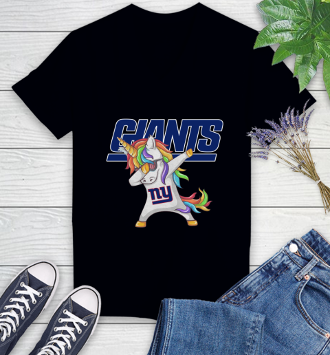 New York Giants NFL Football Funny Unicorn Dabbing Sports Women's V-Neck T-Shirt 2