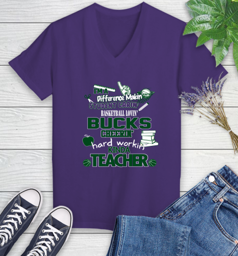 Milwaukee Bucks NBA I'm A Difference Making Student Caring Basketball Loving Kinda Teacher Women's V-Neck T-Shirt 3