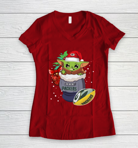 Green Bay Packers Christmas Baby Yoda Star Wars Funny Happy NFL Women's V-Neck T-Shirt 10