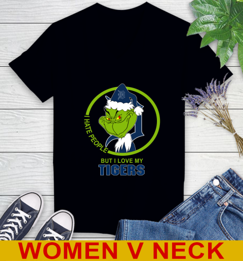 Detroit Tigers MLB Christmas Grinch I Hate People But I Love My Favorite Baseball Team Women's V-Neck T-Shirt 2