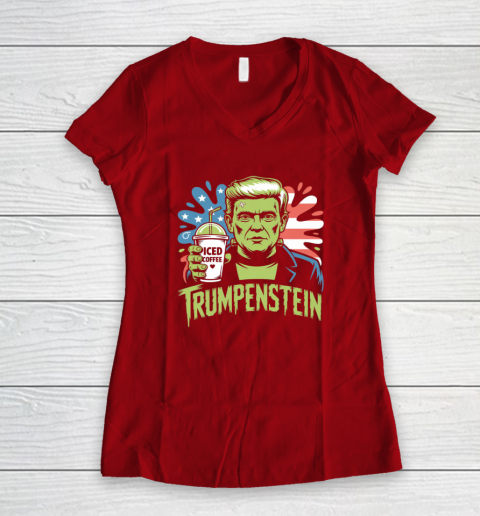 Trumpenstein Funny Iced Coffee Drink Halloween 4th of July USA Flag Women's V-Neck T-Shirt 6