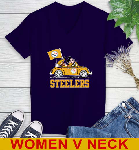 NFL Football Pittsburgh Steelers Pluto Mickey Driving Disney Shirt Women's V-Neck T-Shirt 4