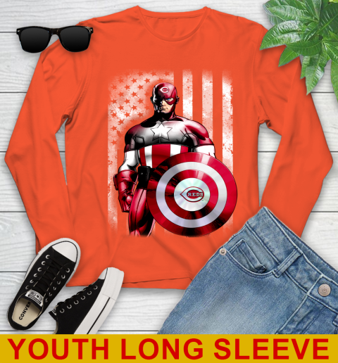 Cincinnati Reds MLB Baseball Captain America Marvel Avengers American Flag Shirt Youth Long Sleeve 3