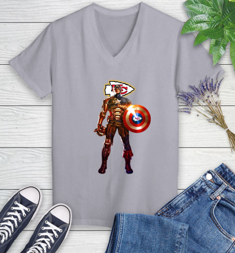 NFL Captain America Marvel Avengers Endgame Football Sports Kansas City Chiefs Women's V-Neck T-Shirt 4