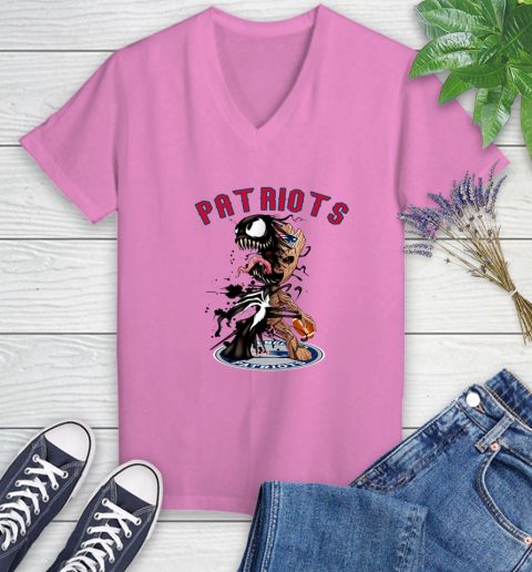 NFL New England Patriots Football Venom Groot Guardians Of The Galaxy Women's V-Neck T-Shirt 14