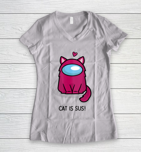 Among Us Game Shirt Cute Cat Astronaut Among me or us Nerdy Girl Gamer Women's V-Neck T-Shirt