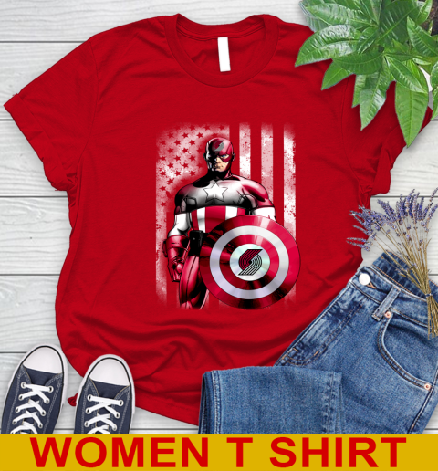 Portland Trail Blazers NBA Basketball Captain America Marvel Avengers American Flag Shirt Women's T-Shirt 11