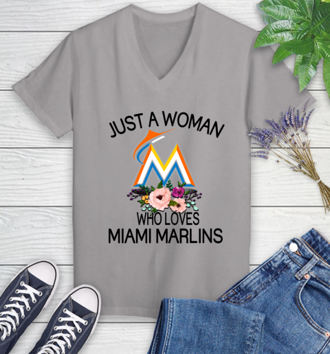 MLB Just A Woman Who Loves Miami Marlins Baseball Sports Women's V-Neck T-Shirt 2