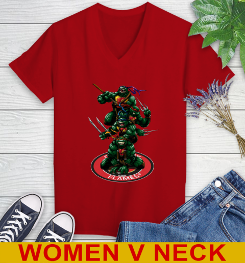 NHL Hockey Calgary Flames Teenage Mutant Ninja Turtles Shirt Women's V-Neck T-Shirt 12
