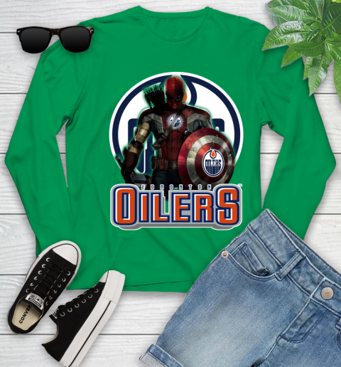 NHL Captain America Thor Spider Man Hawkeye Avengers Endgame Hockey Edmonton Oilers Youth Long Sleeve 6
