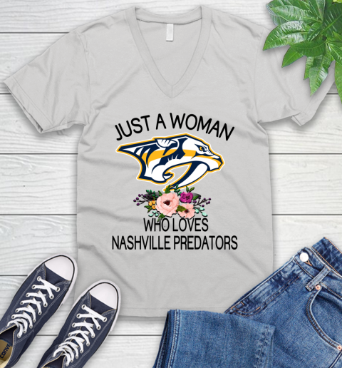NHL Just A Woman Who Loves Nashville Predators Hockey Sports V-Neck T-Shirt