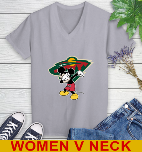 Minnesota Wild NHL Hockey Dabbing Mickey Disney Sports Women's V-Neck T-Shirt 5