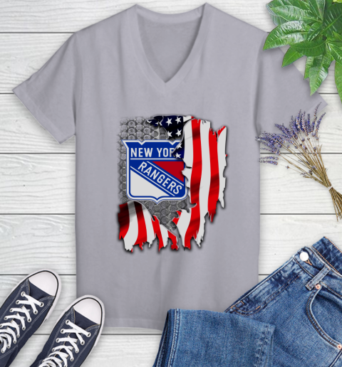 New York Rangers NHL Hockey American Flag Women's V-Neck T-Shirt 4