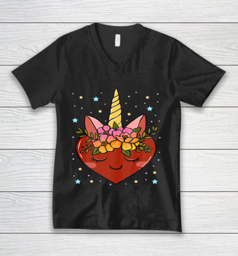 Valentine s Day Gifts for Her Funny Floral Unicorn Heart V-Neck T-Shirt