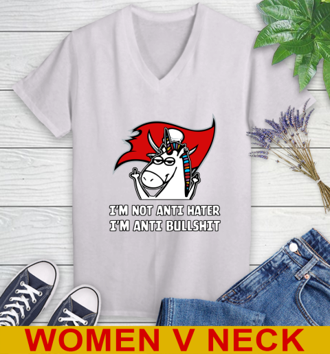 Tampa Bay Buccaneers NFL Football Unicorn I'm Not Anti Hater I'm Anti Bullshit Women's V-Neck T-Shirt