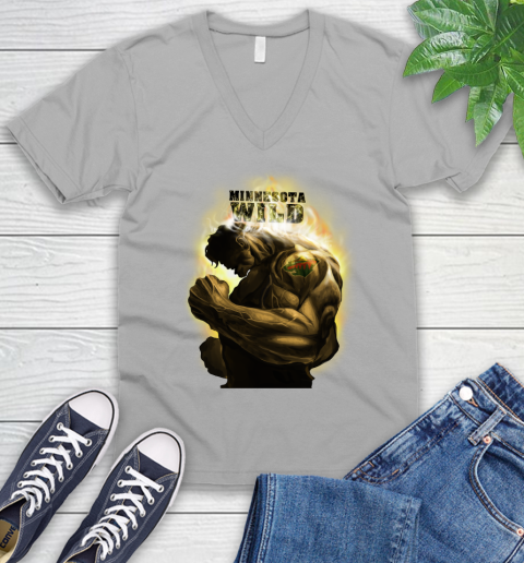 Minnesota Wild NHL Hockey Hulk Marvel Avengers Sports V-Neck T-Shirt 3