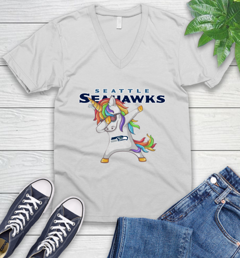 Seattle Seahawks NFL Football Funny Unicorn Dabbing Sports V-Neck T-Shirt