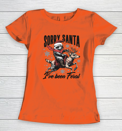 Vintage Sorry Santa I've Been Feral Raccoon Riding Horse Christmas Women's T-Shirt 2