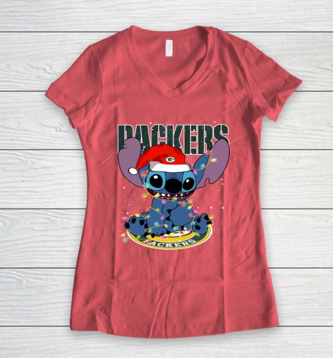 Green Bay Packers NFL Football noel stitch Christmas Women's V-Neck T-Shirt 3